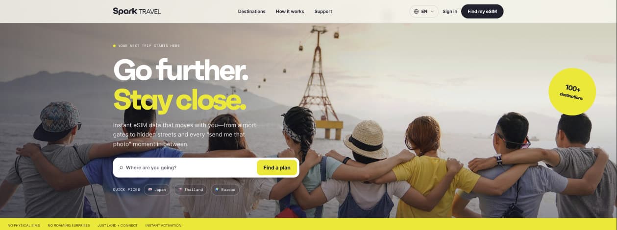 Spark Travel website hero: Go further. Stay close.
